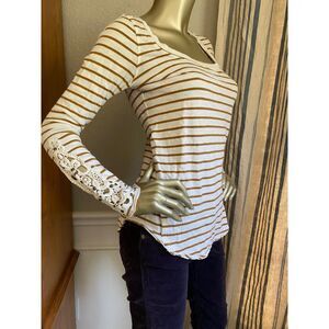 EUC Free People Brown Stripe Crochet Long Sleeve Tee M